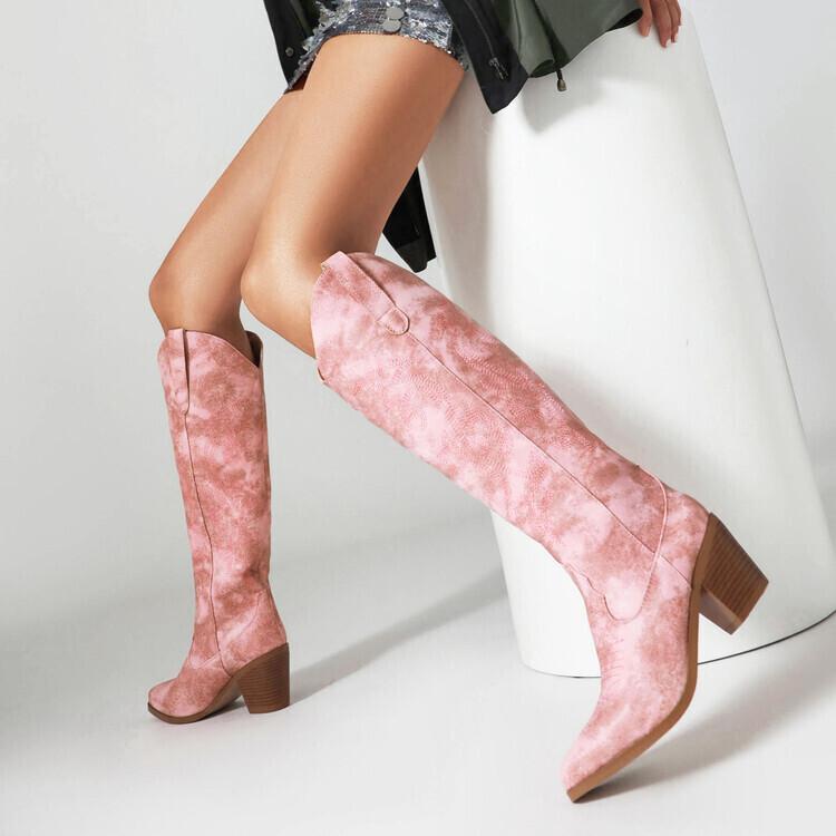 Ботинки Новые ретро вышитые ковбойские сапоги до колена, рыцарские сапоги с острым носком, коричневые женские сапоги на французском высоком каблуке