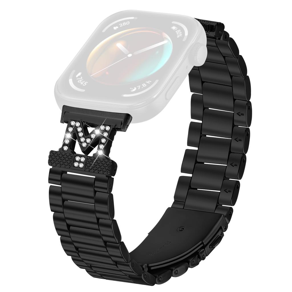 For Huawei Watch Fit 3 Replacement Strap M-Type Rhinestones Decor Stainless Steel 3-Bead Watch Band