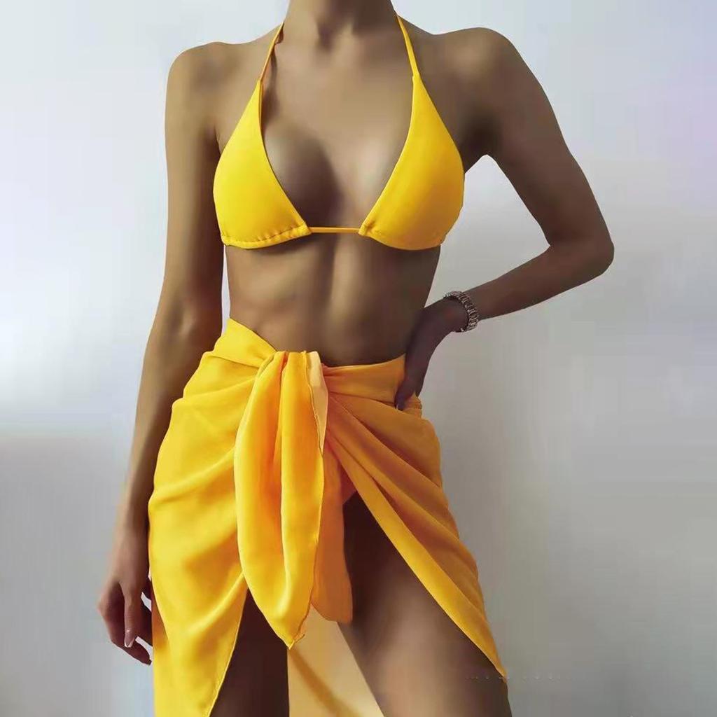 Женская летняя мода, сексуальный однотонный купальник с открытой спиной, шнуровкой на талии, вуалью с узлом на подоле, бикини, купальник из трех частей