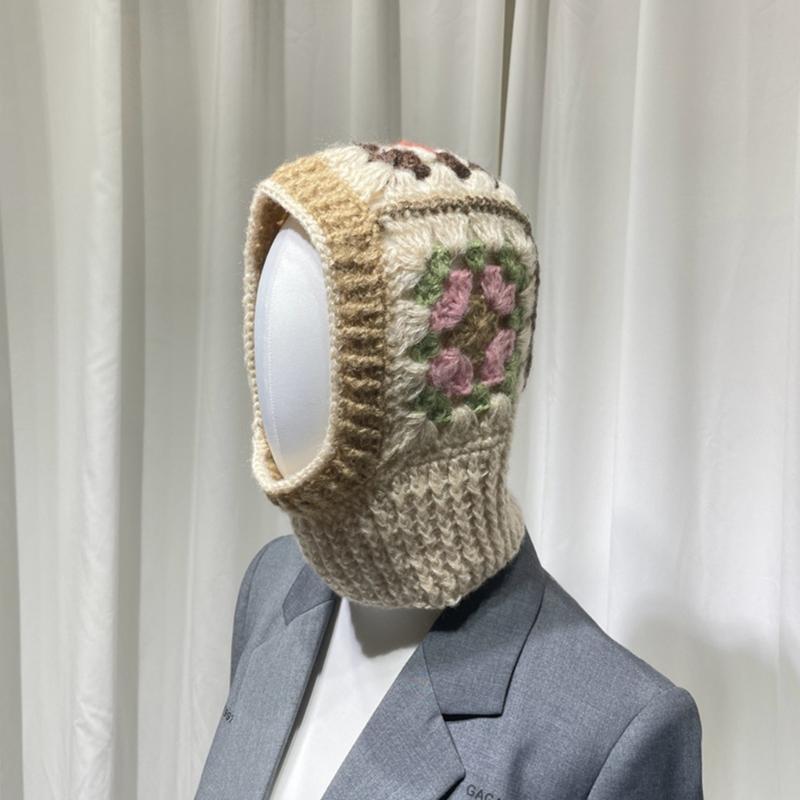 Вязаная балаклава с цветочным узором для студентов, взрослых, ветрозащитная зимняя шапка, шапка для защиты шеи, подростковая шапка для тепла, шапка для велоспорта