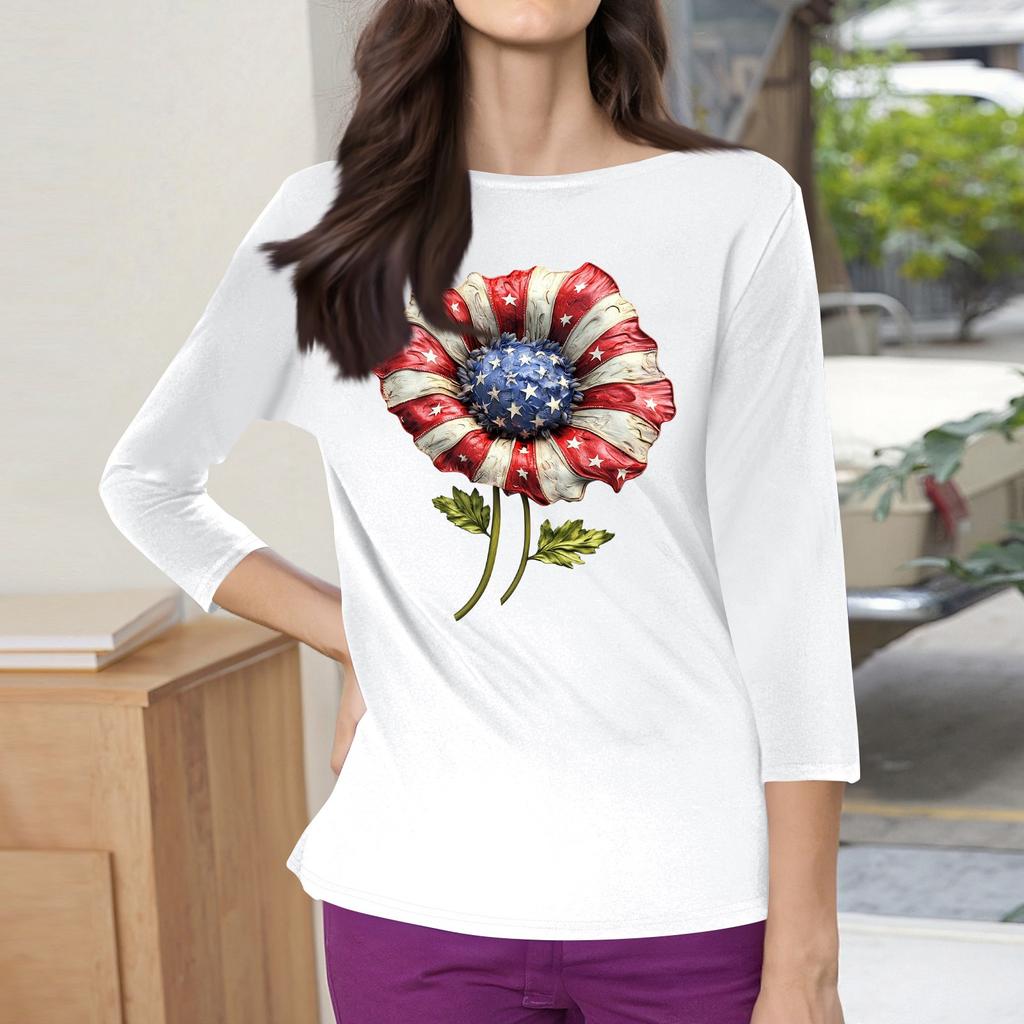 3/4 Sleeve Tops For Women T-Shirt Casual Print Tops T Shirt Round Neck Pullover Blouse