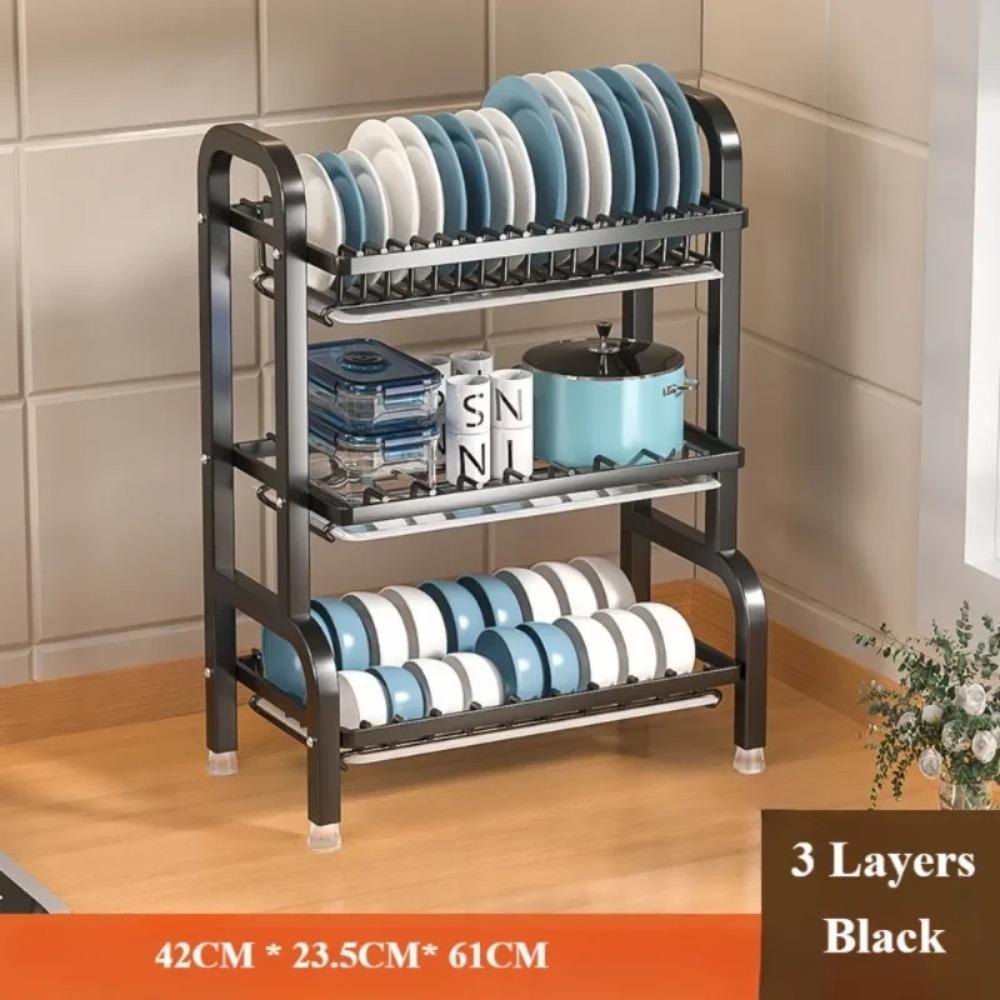 Стеллаж для сушки посуды, многослойная кухонная стойка для хранения из углеродистой стали с полкой для тарелок, может сливать воду, контейнер для хранения большой емкости