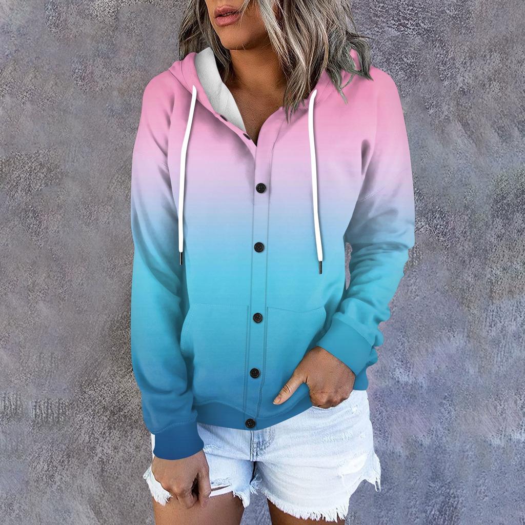 Women's Hoodie, Solid Color Gradient Printed Long Sleeved Loose Hooded Sports Jacket