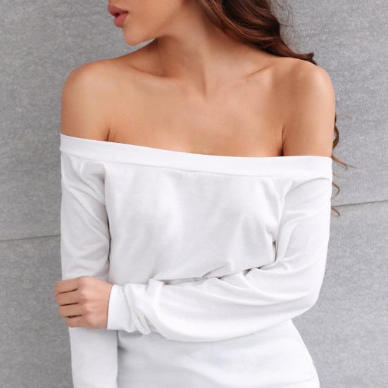 Women T-shirt Solid Color Off Shoulder Autumn Long Sleeve Slash Neck Strapless Pullover Streetwear