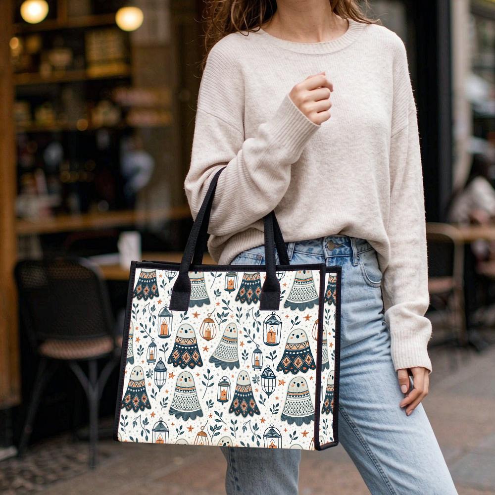 Cute Ghost Pattern Canvas Tote Bag for Daily Shopping Portable Durable Women Casual Handbag