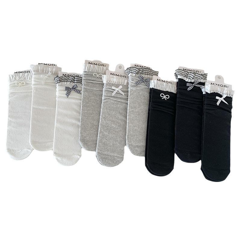 Ladies Summer Thin Bow Plingham Lace Ballet Breathable Boneless Mid Tube Pile Socks