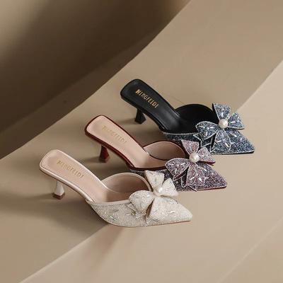 Модные туфли на высоком каблуке Женские блестящие шлепанцы с закрытым носком Низкие шлепанцы с бантиком-бабочкой Повседневные желеобразные шлепанцы с острым носком Роскошные модные шлепанцы