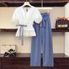 Pantsuit Summer Slim Ruched Tight Waist Sash Lace-Up Wide-Leg Trousers Ruffles V-Neck White Tops Blouse Two-Piece Set