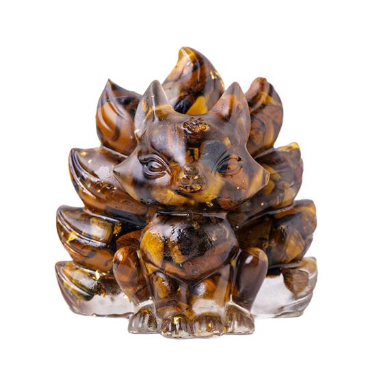 Статуэтка из натурального камня в виде девятихвостой лисы, позитивная целебная энергия, вырезанная вручную из цветного искусственного кристалла, сидящая статуя животного для домашнего офиса и рабочего стола