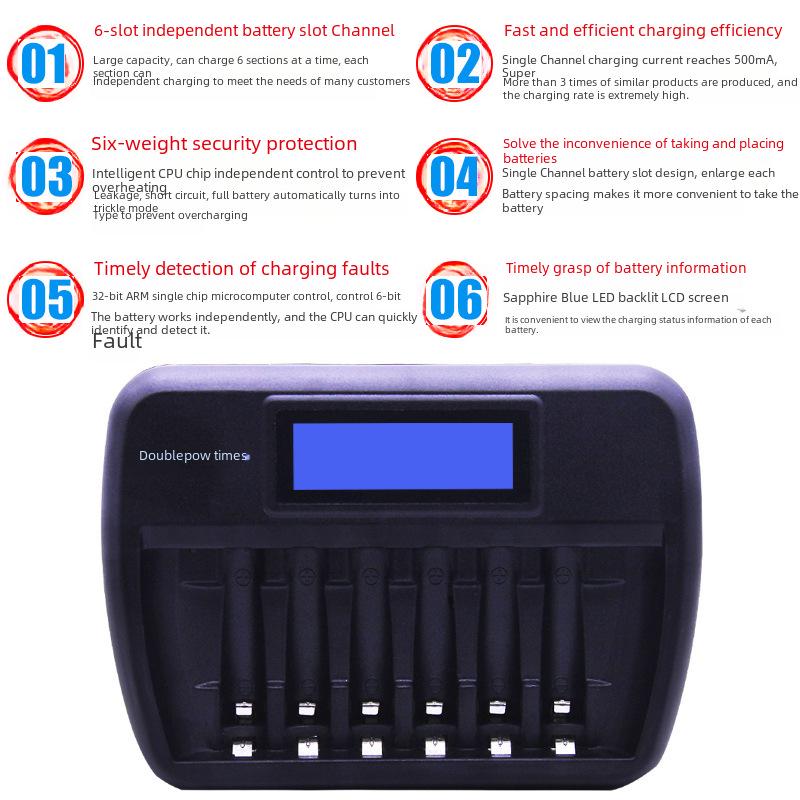 Интеллектуальное быстрое зарядное устройство на 6 слотов с ЖК-дисплеем для аккумуляторов AA/AAA с функциями ремонта и удвоения емкости