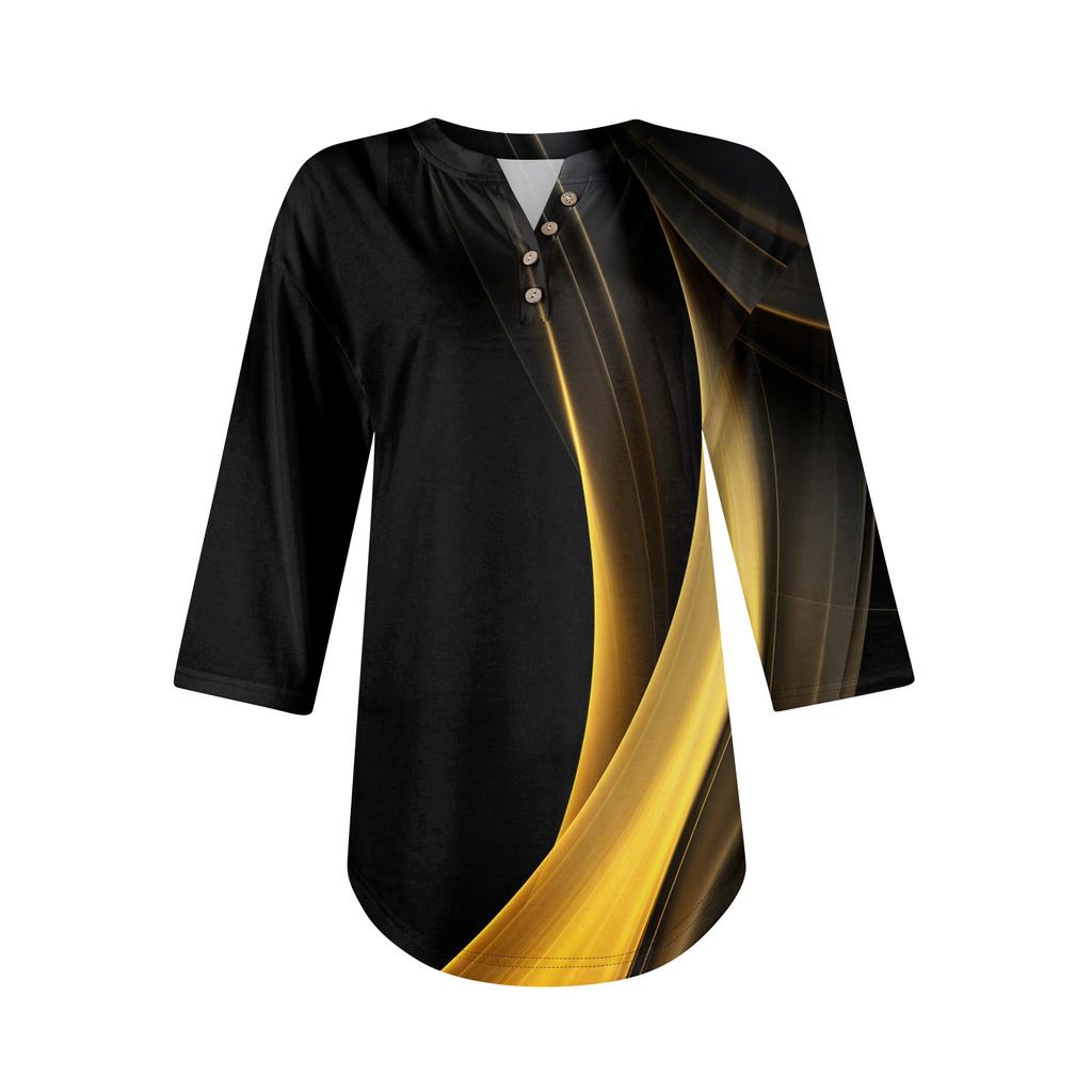 Женские топы с рукавами 3/4, летние футболки с цветочным принтом и V-образным вырезом, повседневные базовые футболки с пуговицами, туники