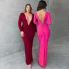 Summer Fashion Backless Sexy Club Dress Women V-neck Slim Long Sleeve Dress Female Pleated Solid Elegant Party Dresses 30621