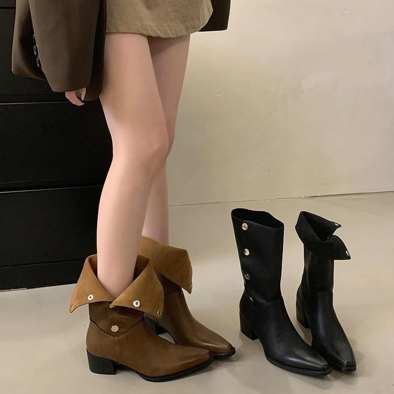 Fashion Ladies Winter Boots Retro Button Two Wear Chunky Heel Comfortable Western Mid Heel Short Boots Women