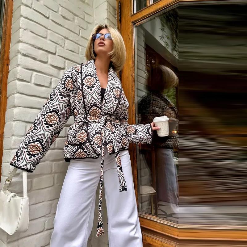 Printed Lace Up Cotton Jacket Lapel Cardigan Thick Warm Women's Oversize Coat Retro Ethnic Style Autumn/Winter 2025