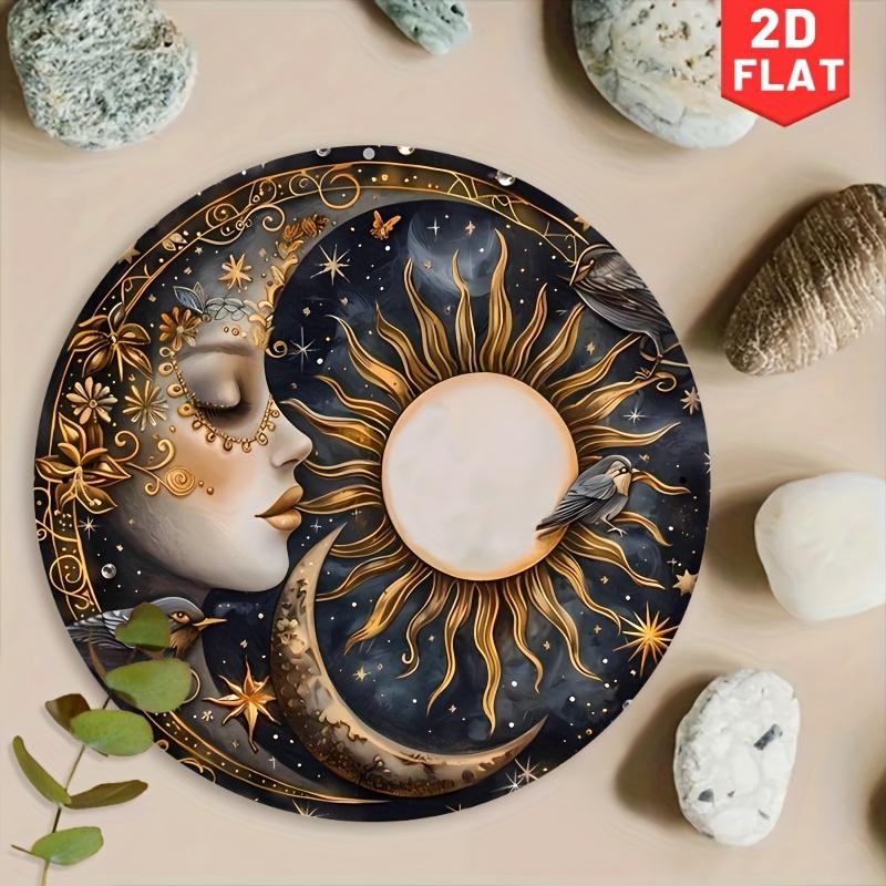 Bohemian Celestial Sun and Moon Goddess with Birds Round Metal Sign D Flat Printed Gold and Black Mystical Art Tin Plaque Wit