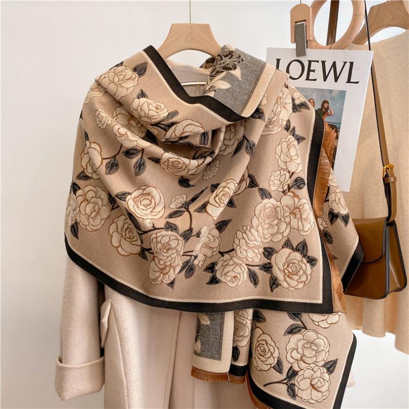 Cute Flower Cashmere Scarf Feel Fringed Shawl Soft Girl Winter Student Scarf Warm Thickened Scarf