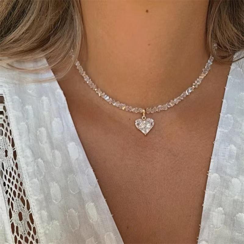 Fashion Vintage Sexy Ceramic Heart Pendant Necklace for Women Female Boho Geometric Baroque Double-layer Crystal Chain Jewelry