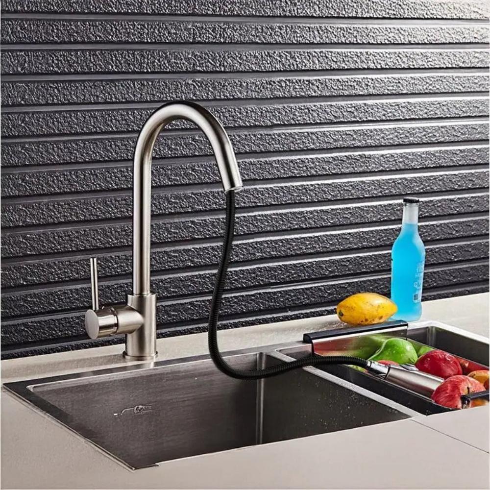 Kitchen tap with pull-out spout, stainless steel, flexible, movable, silver