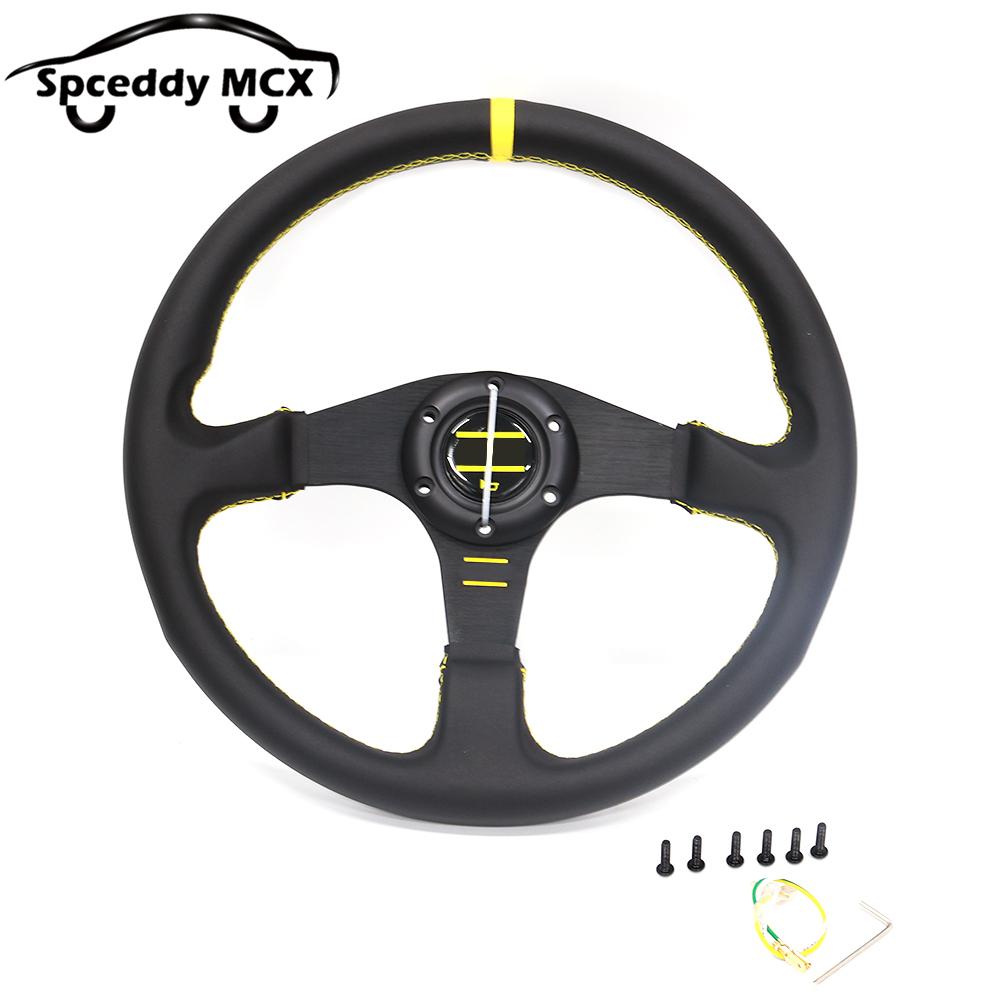 14 Inch 350MM Sim Racing Steering Wheel JDM Real Leather Universal Car Accessoires Yellow Black O24SM1127P