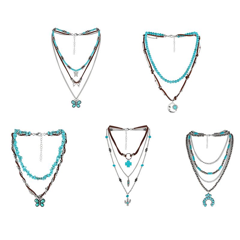 Летнее многослойное бирюзовое ожерелье в этническом стиле с кактусом и пляжным чокером-подвеской, ретро, в стиле вестерн, кантри, подарок