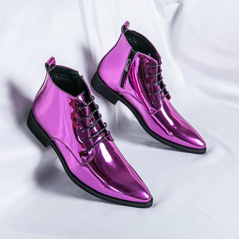 Bright Shoes Men Purple Formal Leather High Top Dress Shoes For Men New Style Man Business Shoes Yuppie Brogue Shoes