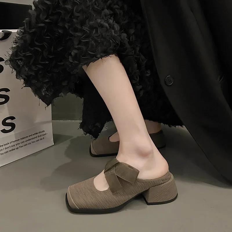 Мода 2024 года, новые ретро-тапочки Bao Head на толстом каблуке, женская одежда, весна-лето, квадратная головка, фея, слипоны, одинарные туфли