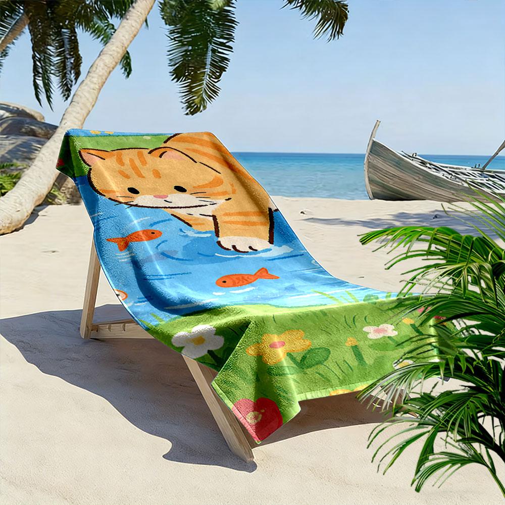 Cute Cat with Fish Design Towel A must-have beach towel for beach travel