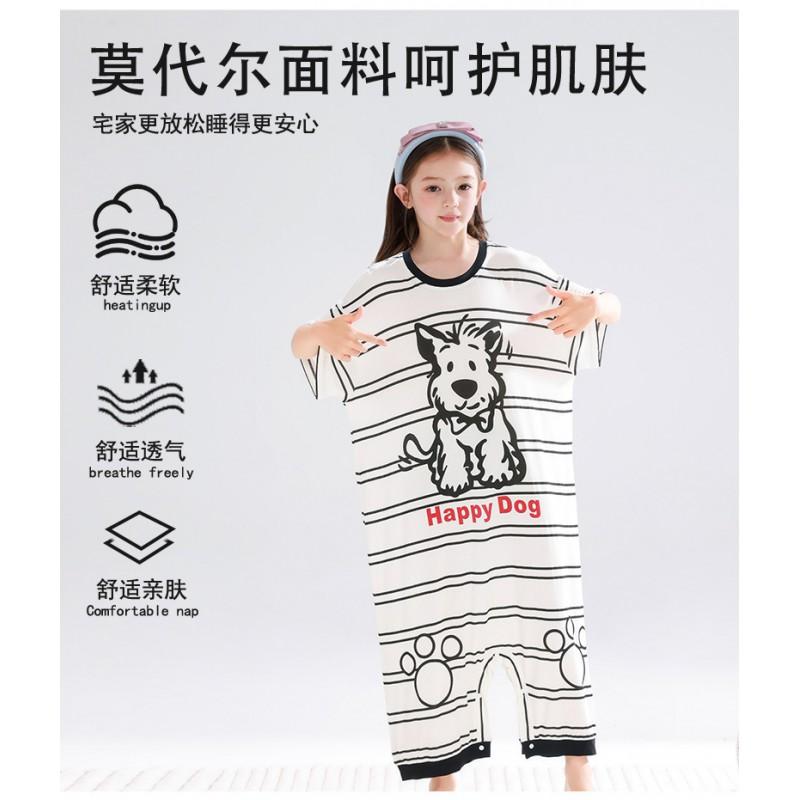 Girls Short Sleeve Cartoon Print Romper Pajamas Soft Modal Sleepwear Home Comfort