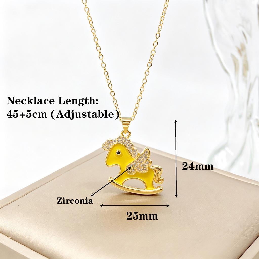 Gold Plated Cute Enamel Rocking Horse Pendant Necklace Zircon Winged Unicorn Necklace For Women Kids Party Birthday Jewelry Gift