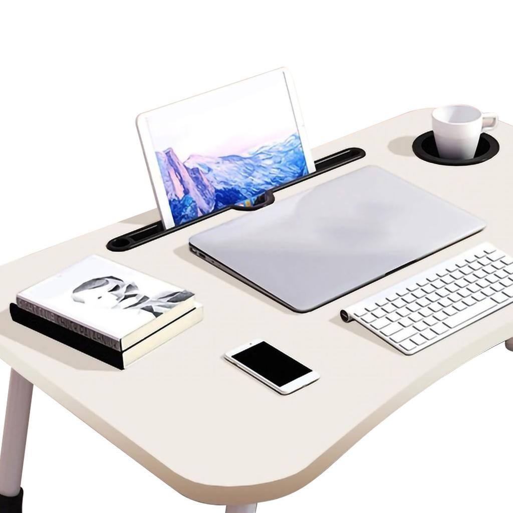 Kids Laptop Desk with Cup Holder Density Board Foldable Bed Table for Household BedroomWhite