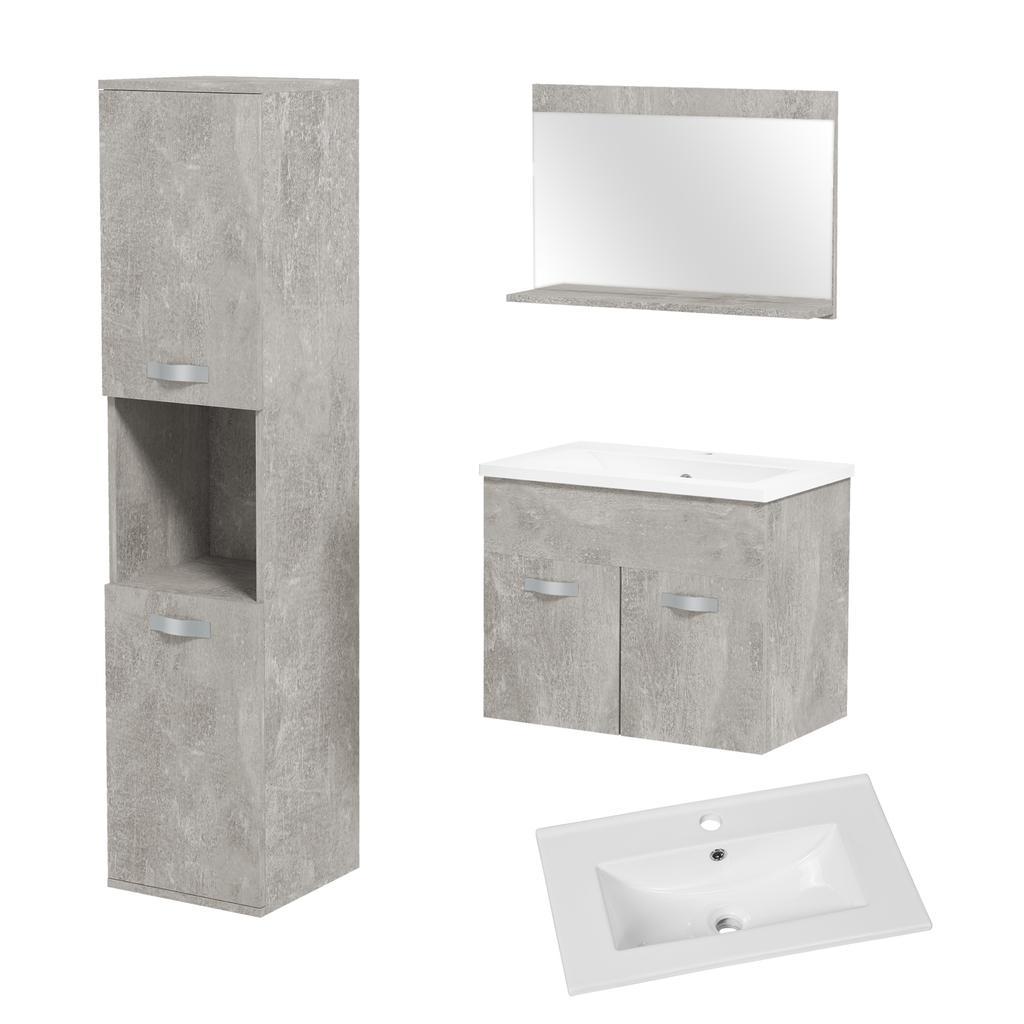 Bathroom Furniture Set, Wall-Mounted, with Mirror, Vanity Unit, Sink and Tall Cabinet, Grey, 4-Piece