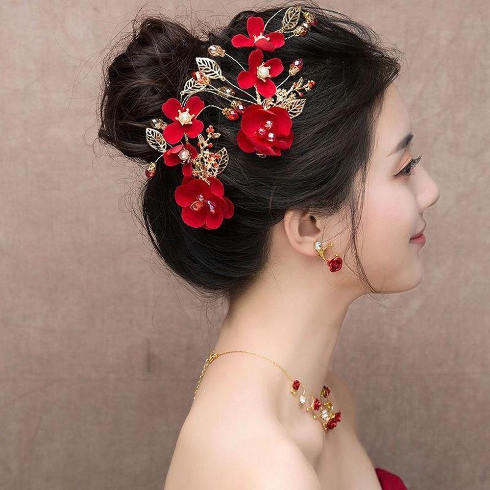Bride Red Flower Pearl Chinese Hanfu Hair Clips Festival Hairpins Women Barrettes Duckbill Clips