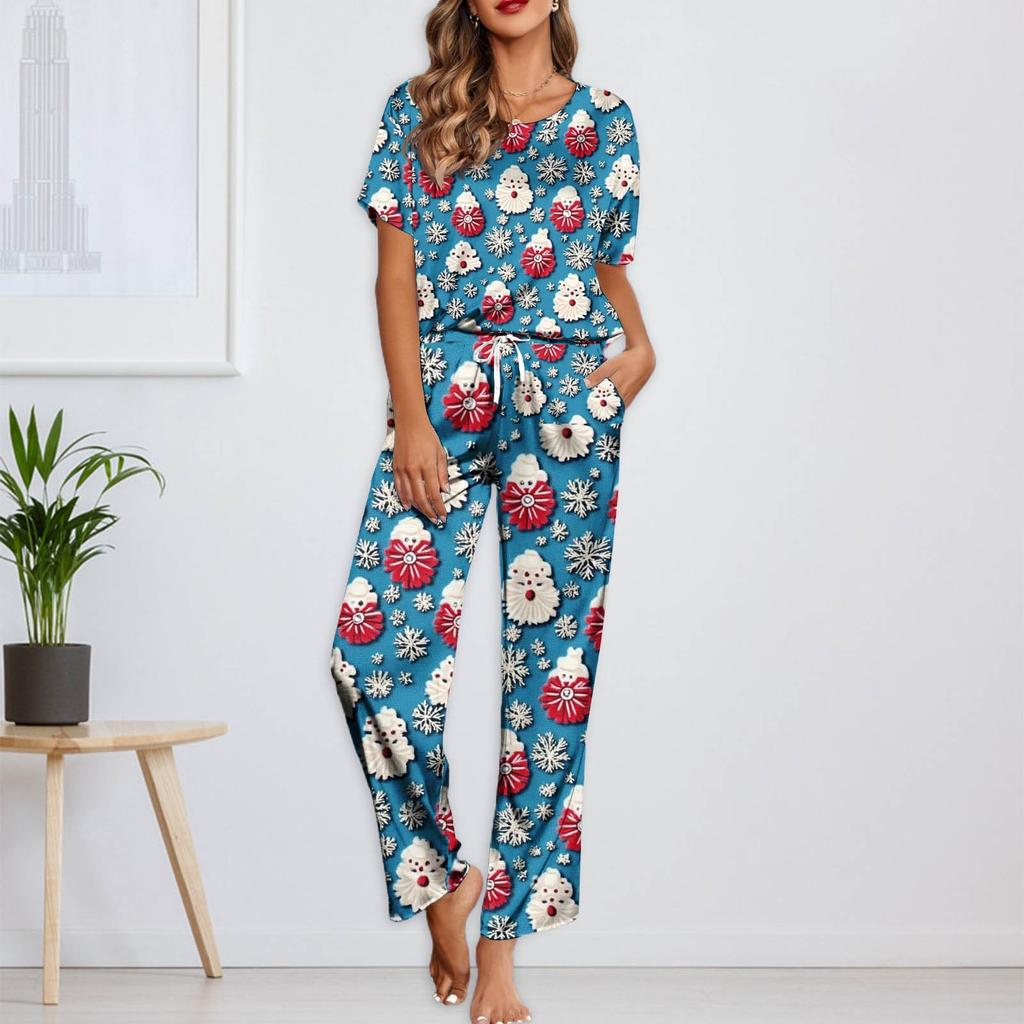 Женский шелковый атласный пижамный комплект с рождественским принтом, рубашка с коротким рукавом и длинные пижамные штаны, мягкая домашняя одежда