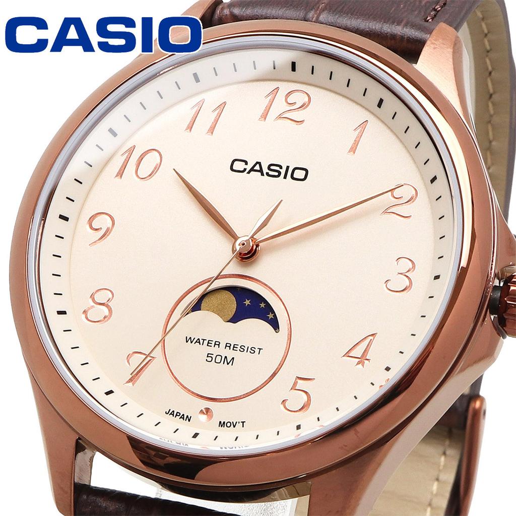 Casio Круглые часы с фазами луны, темно-коричневый кожаный ремешок, корпус цвета розового золота, MTP-M110RL-5AV