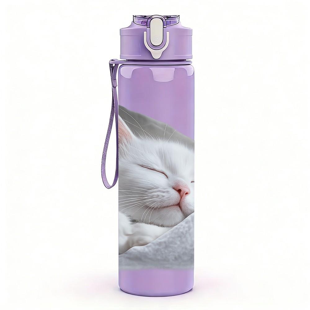 1PC White Cat Sleep Relax Portrait Print 750ml Color Plastic Sports Water Bottle Leakproof Flip Straw Lid Suitable for Sports Office Home Use