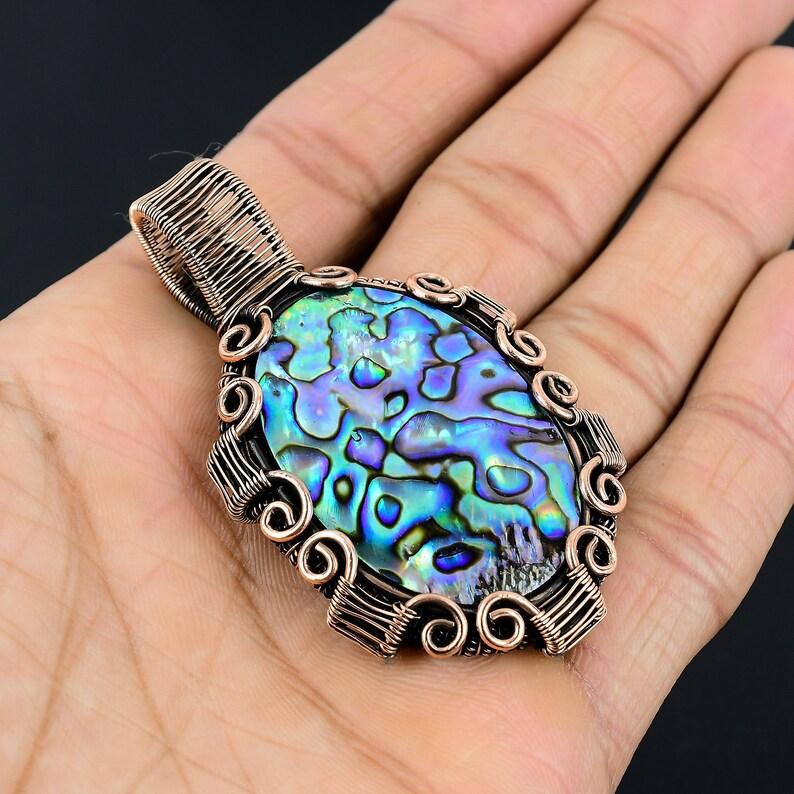 Кулон в форме ракушки из ушка, медная проволока, кулон, кулон из ушка, драгоценный камень, ожерелье ручной работы, подарок на годовщину, ювелирные изделия из ушка, медные ювелирные изделия