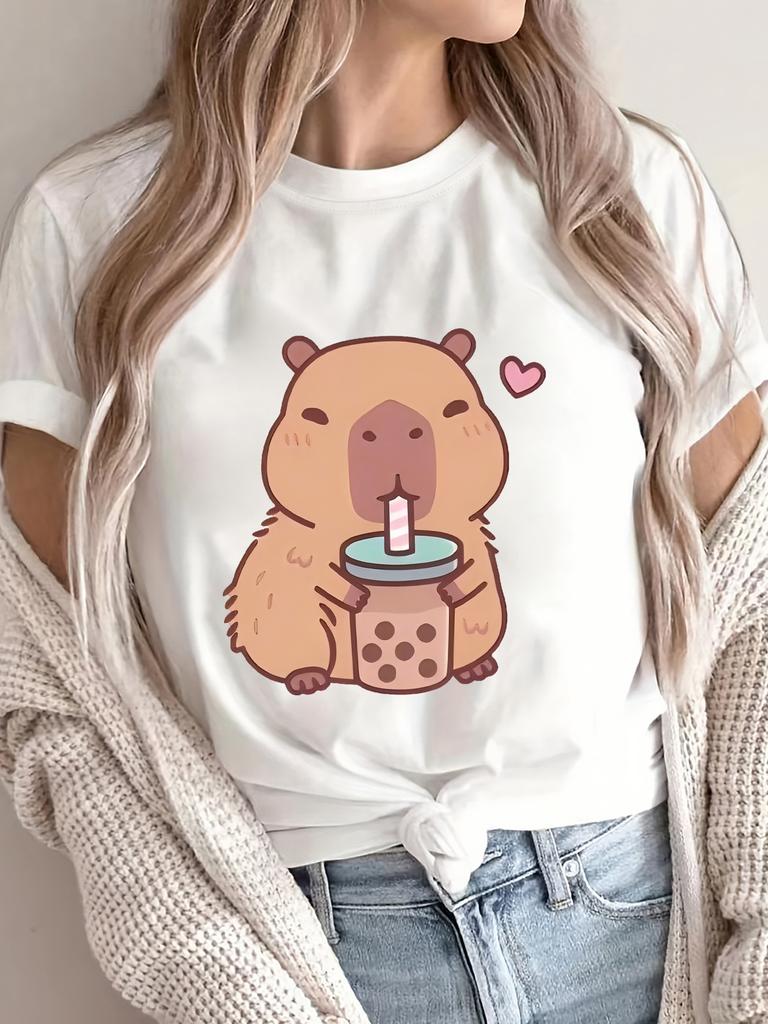 Женская милая футболка с капибарой и бобой - Повседневная футболка с коротким рукавом и круглым вырезом из полиэстерового трикотажа, машинная стирка, футболка с капибарой