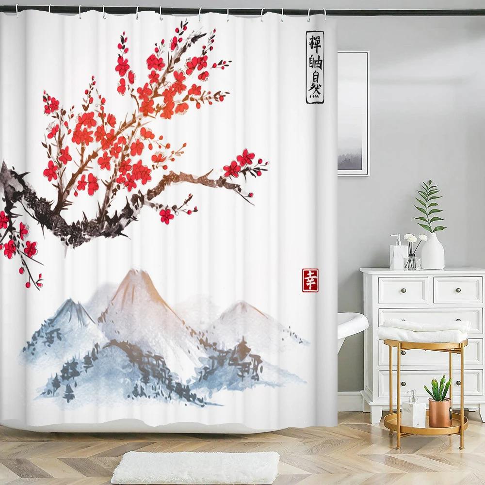 3d Printing Chinese Flower Bird Ink Landscape Shower Curtain Bathroom Waterproof Bath Curtain With Hooks Washable Cloth Decor