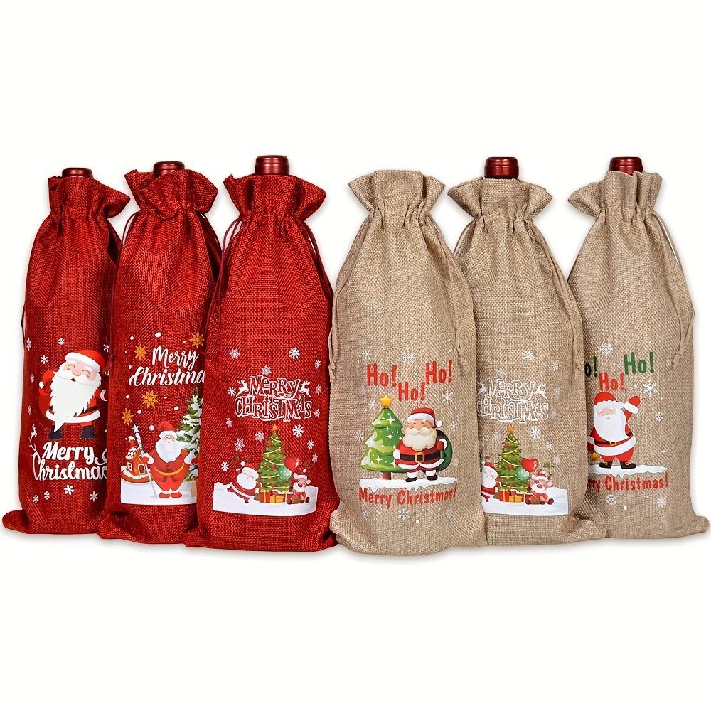 6/12pcs Festive Christmas Wine Bottle Gift Bags - Red & Khaki Tote Bags with Santa Claus, Christmas Trees, and Holiday Greetings
