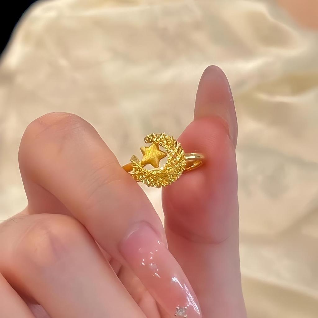 Золотое филигранное кольцо-сетка с луной и звездой с золотым покрытием - Женское роскошное сверкающее полое кольцо с дизайном луны и звезды.