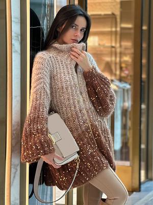 Женский кардиган свитер из трикотажа с пайетками на молнии и с длинными рукавами и воротником-стойкой