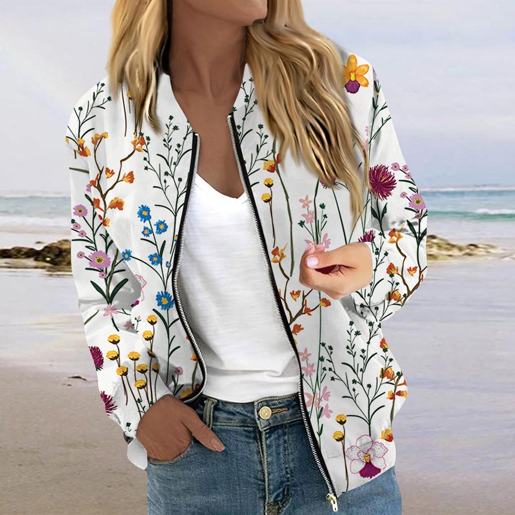 Куртки для женщин, легкие укороченные куртки с длинным рукавом на молнии, модная верхняя одежда с принтом, повседневные стеганые куртки с карманами