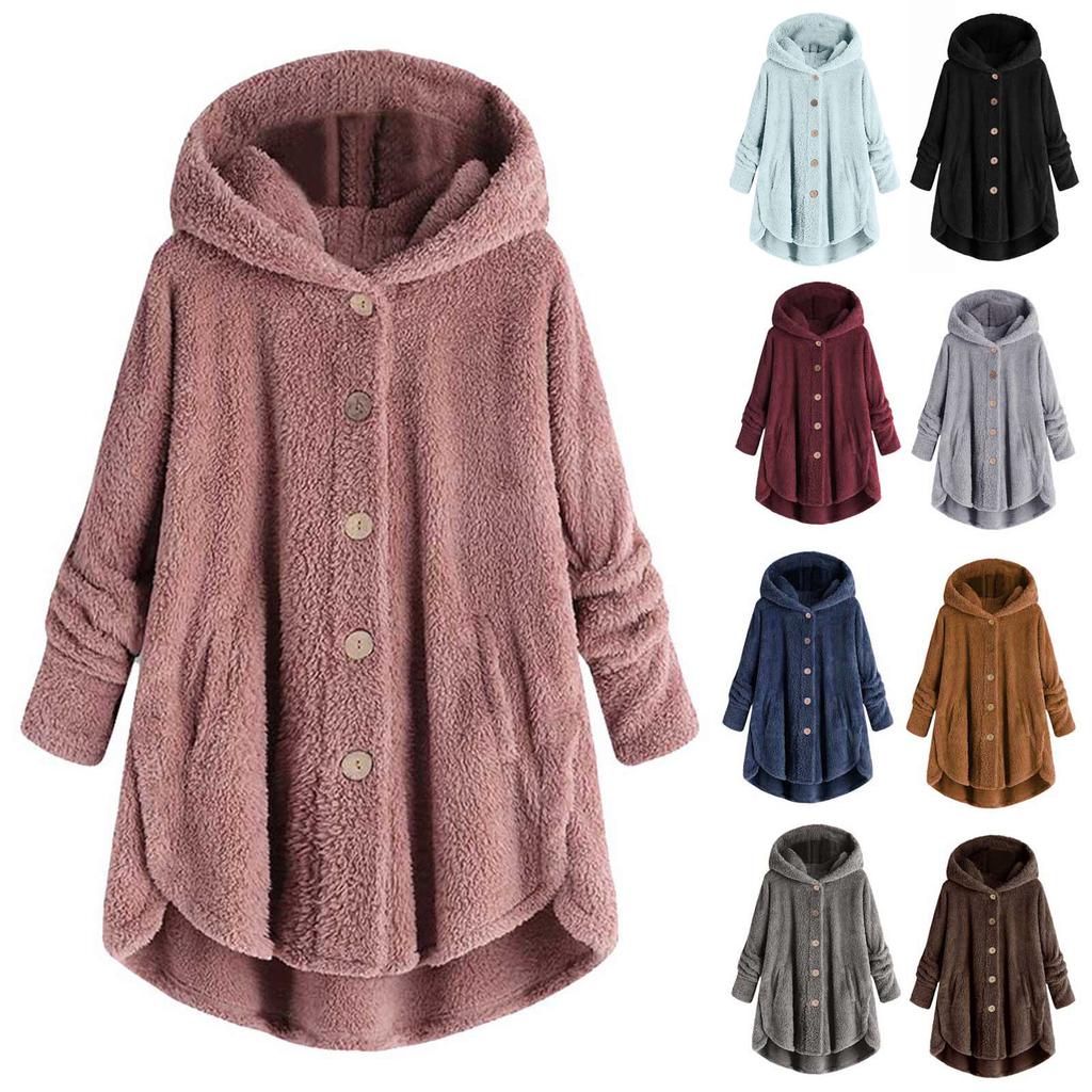Women Plus Size Button Plush Tops Hooded Loose Cardigan Wool Coat Winter Jacket