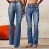 Lady Retro Jeans with Pockets Mid Waist Button Zipper Closure Stretchy Denim Pants Solid Color Slim Fit Flared Trousers for Daily Party Work
