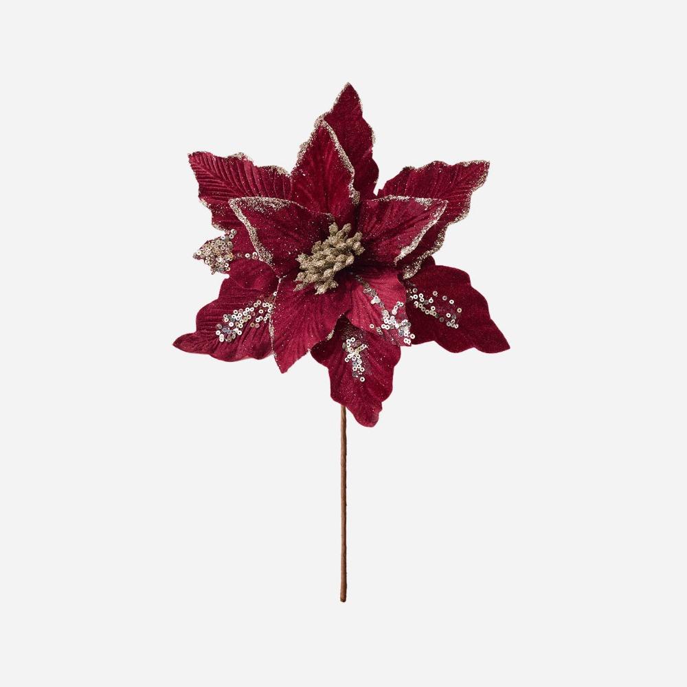 Flannel Fabric Christmas Artificial Flowers Glitter 28cm Xmas Decorative Flowers Plastic DIY Glitter Poinsettia Christmas Decor