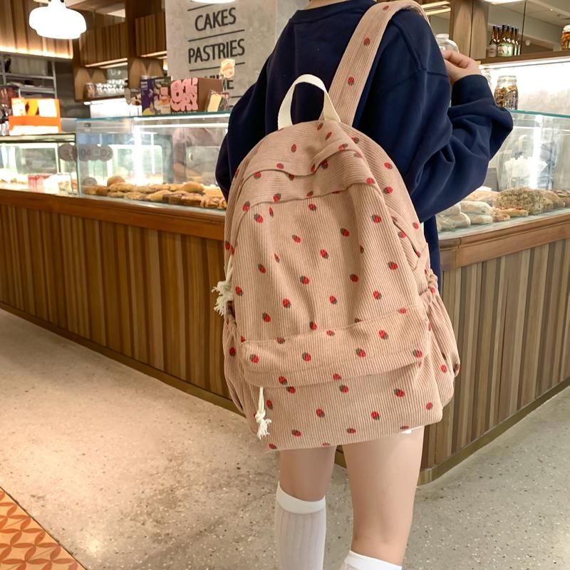 Вельветовый рюкзак с принтом клубники, школьная сумка в студенческом стиле, рюкзак большой вместимости