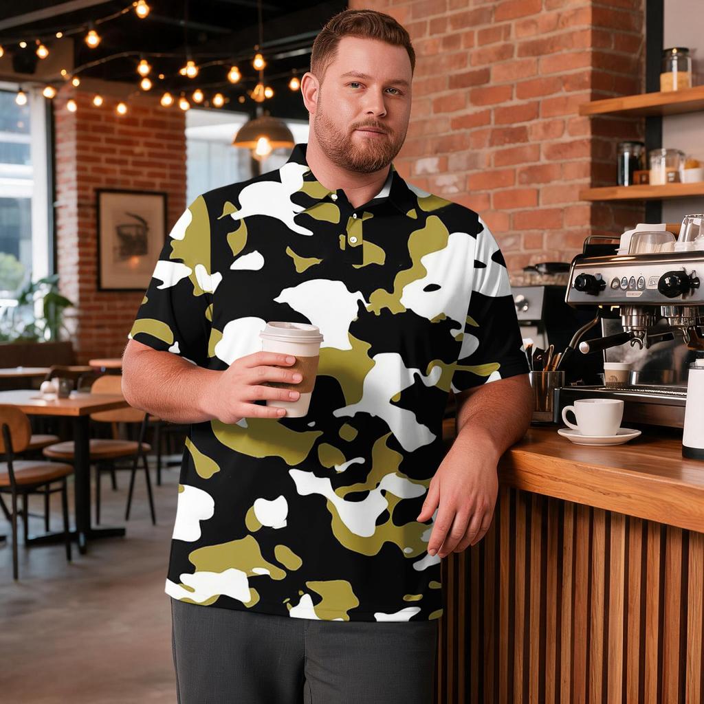 Men's Big Size Camouflage Print Golf Shirt Breathable Short Sleeve Polo Shirt Suitable for Casual Workwear Tops