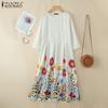 ZANZEA Women Casual Floral Print Loose Rouns Neck 3/4 Sleeve Long Dress