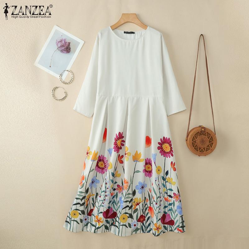 ZANZEA Women Casual Floral Print Loose Rouns Neck 3/4 Sleeve Long Dress