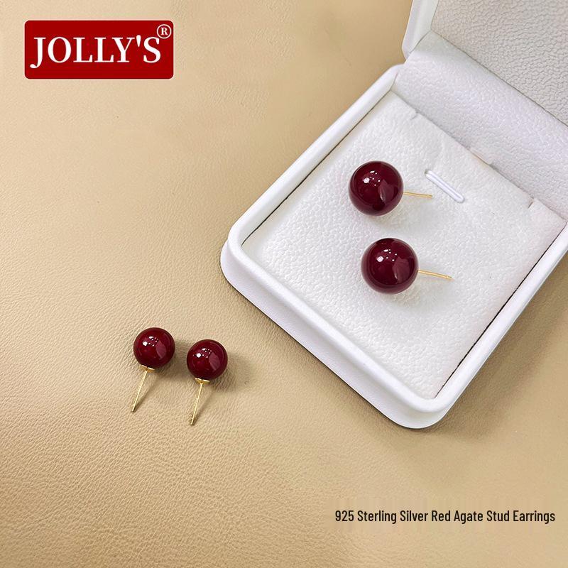 Серьги-пусеты из стерлингового серебра 999 пробы с красным агатом: Трендовый 2024 года, Высококлассный, Круглый дизайн
